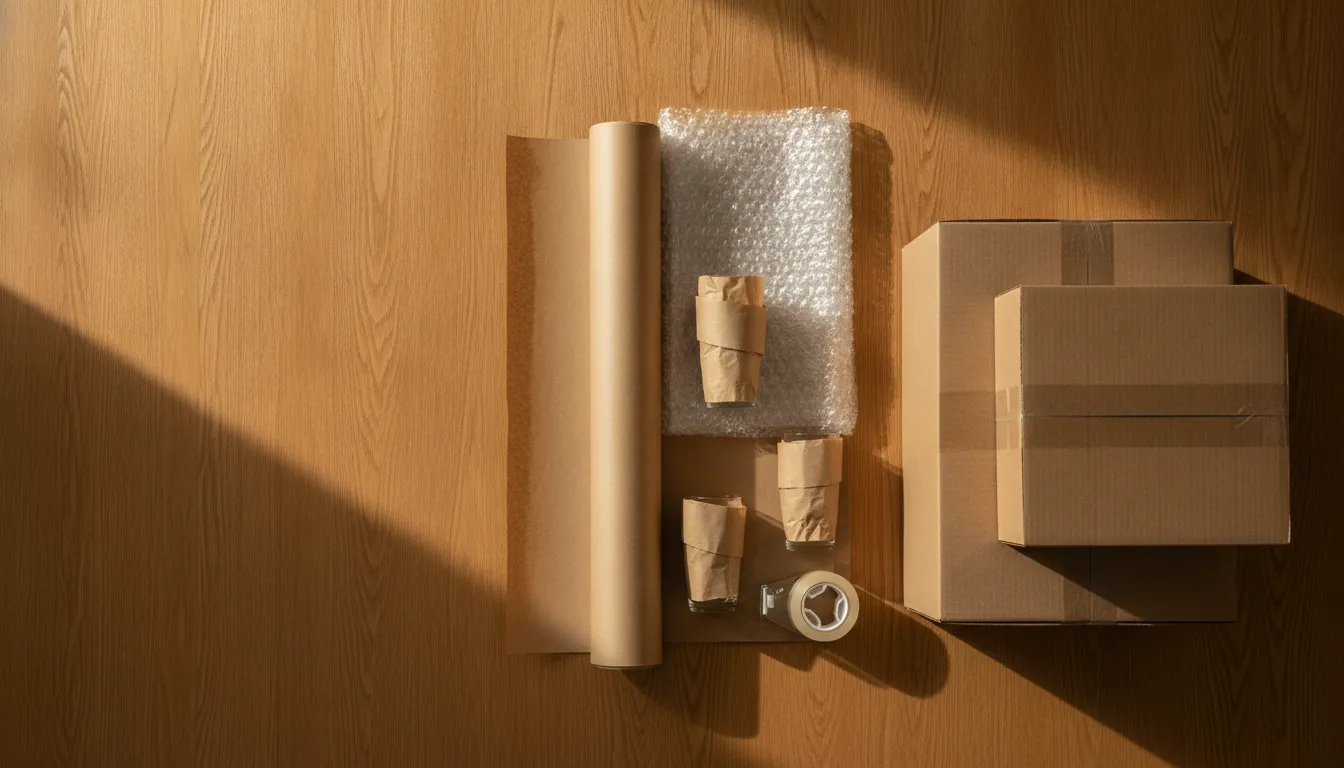 Packing supplies on a wooden table