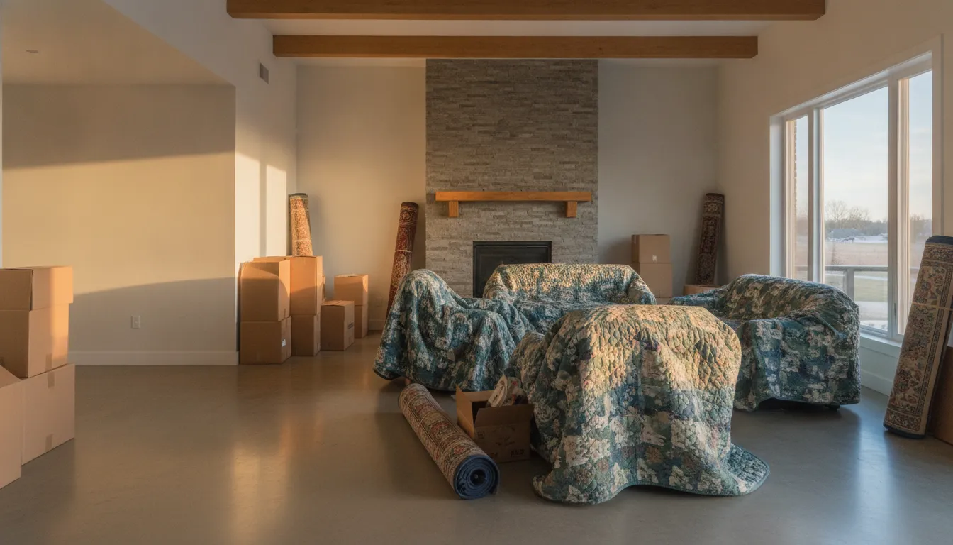 Living room with blanket-wrapped furniture